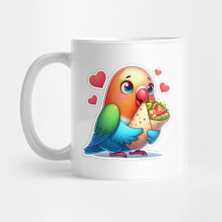 cute love birds are eating Mexican specialties, Tacos, Burritos, Enchiladas, Quesadillas, Guacamole, Fajitas, Chiles Rellenos, Tamales, Mole, Chilaquiles, Mug